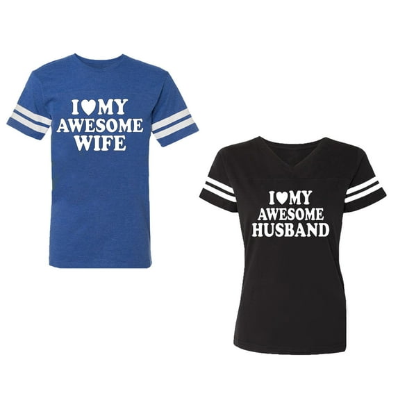 I love My Awesome Husband wife Unisex Couple Matching Cotton Jersey style T-Shirt Contrasting stripes on sleeves (Men Royal / Women Black) (Men S / Women S)