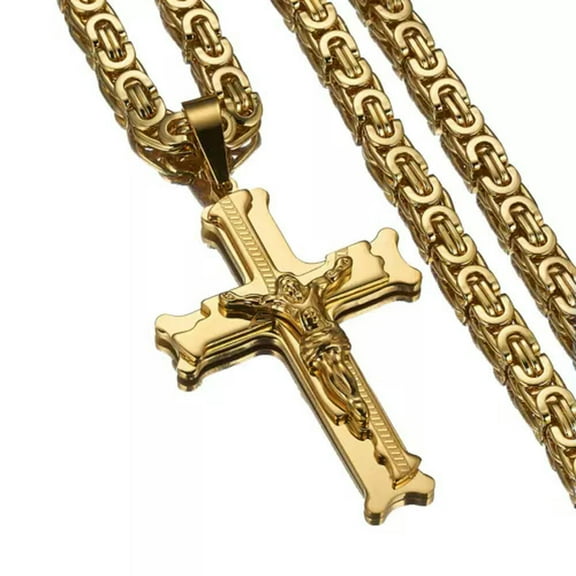 EOEMY Fashion Women Men Cross Crucifix Jesus 6mm Stainless Steel Byzantine Necklace-Gold-20Inch Or 50Cm