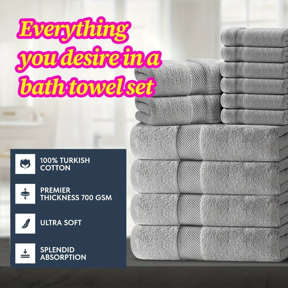 Luxury Bath Towels Set - 5/8/12/24pcs, 100% Cotton, Zero Twist, Super Soft, Absorbent & Quick Dry, Includes 4 Bath Towels, 6 Hand Towels, 2 Washcloths - Ideal for Everyday, Bathroom, Hotel & Spa