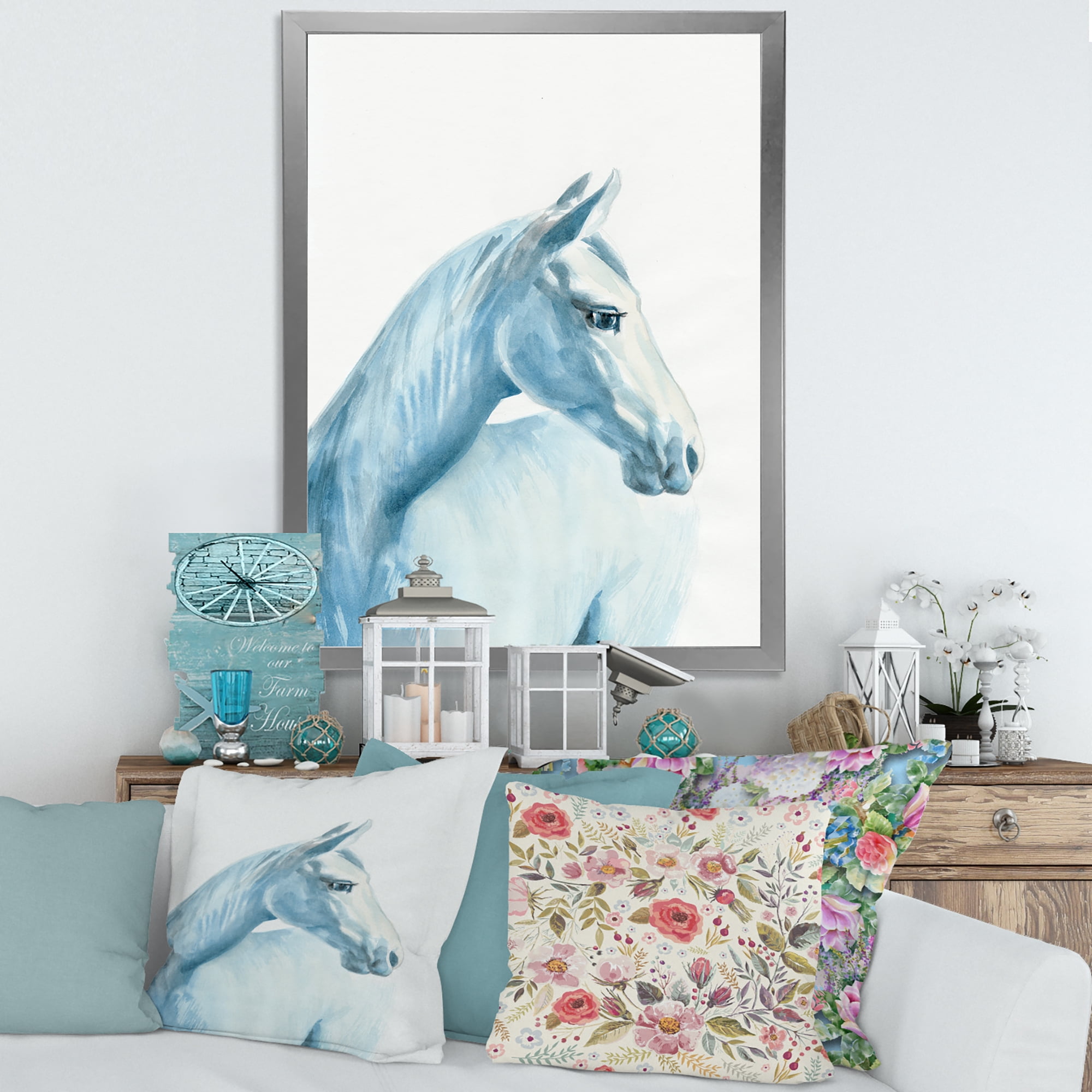 Designart 'Close Up Portrait Of A Light Blue Horse' Farmhouse Framed Art Print