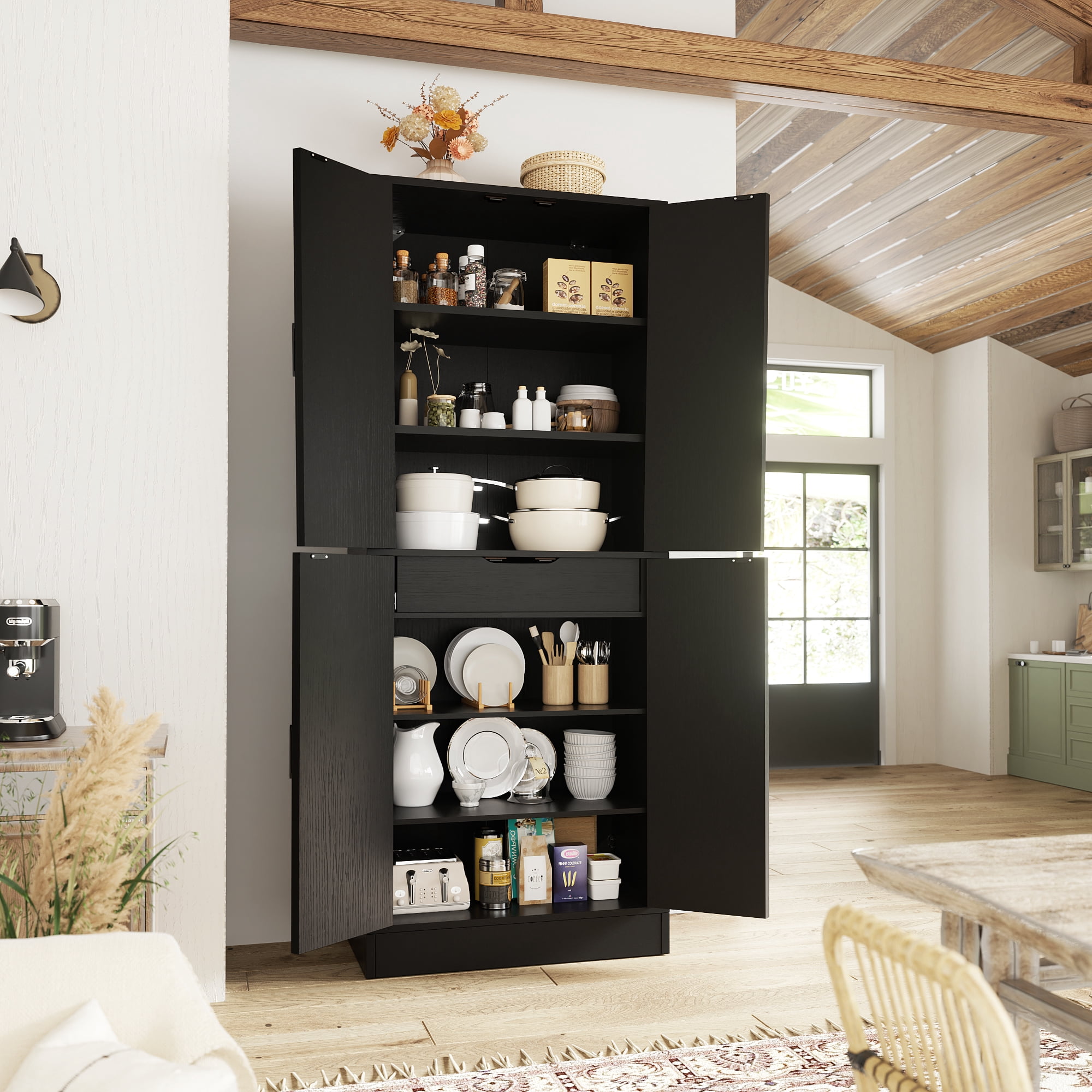 Homieasy 71'' Tall Farmhouse Pantry Cabinet 2 Piece Set, 6-Tier Pantry with Doors, Drawers & Adjustable Shelves, Black