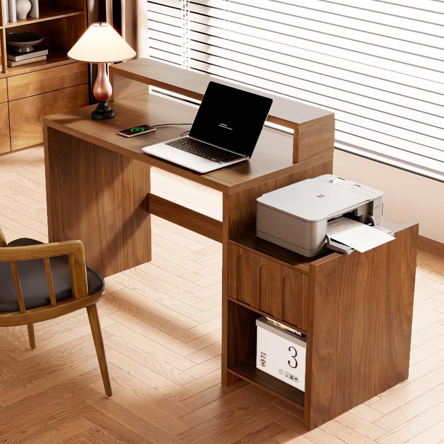 60 Inch Executive Desk with Drawer, Farmhouse Walnut Home Office Computer Desk with Printer Shelf, Monitor Stand & Charging Station