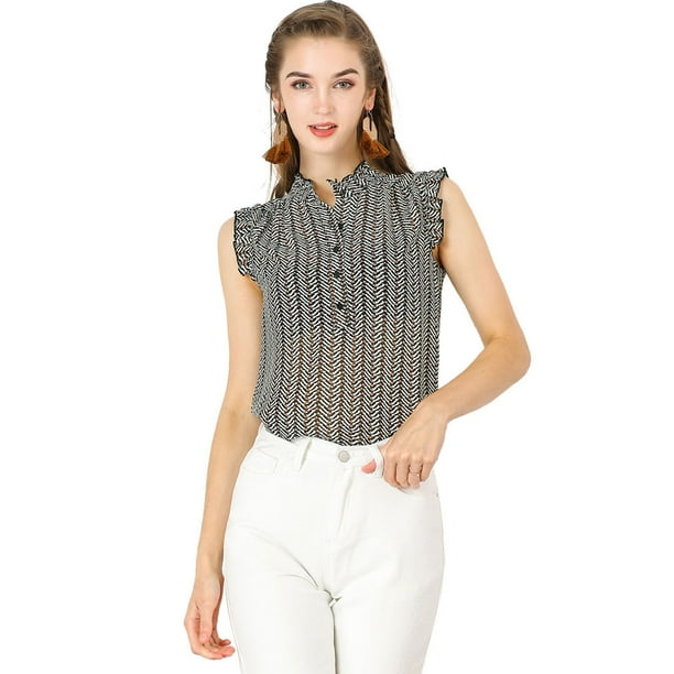 Blusa con Volantes Allegra K Sin Mangas Casual para mujeres Blanco Negro XL