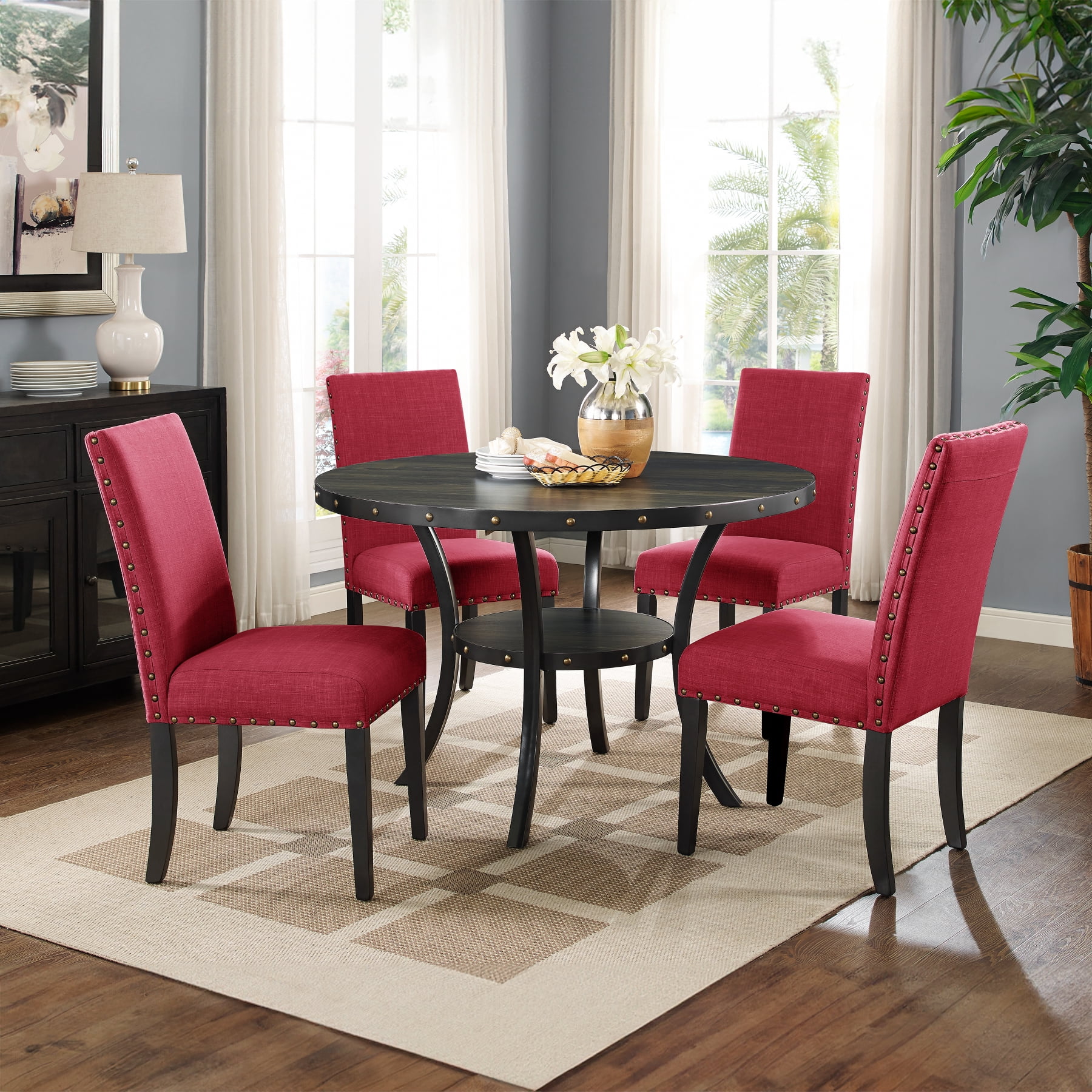 Roundhill Furniture Biony Fabric Dining Chairs with Nailhead Trim, Set of 2, Red
