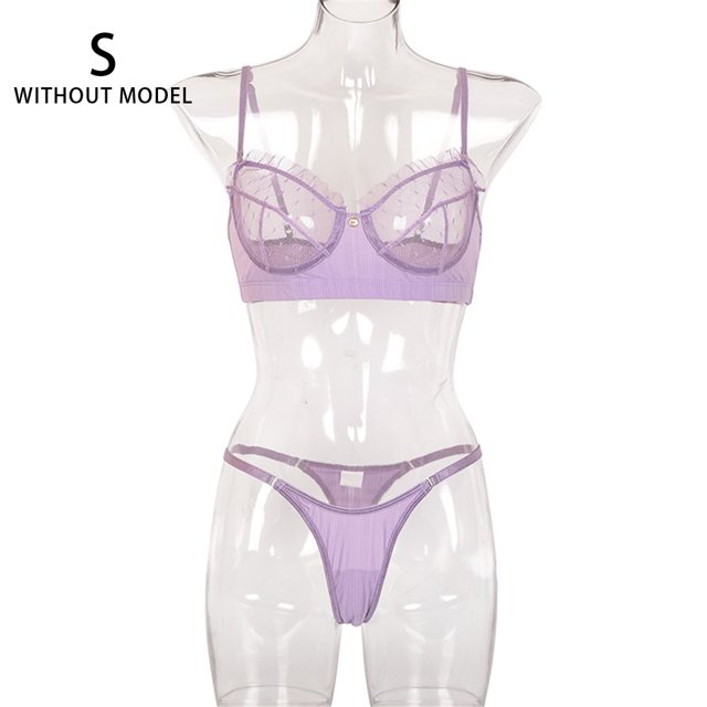 Conjunto de ropa interior sexy para mujer, pestañas de malla, sujetador de encaje, ropa interior, regalo, morado claro, S Scienceny XX000055-05
