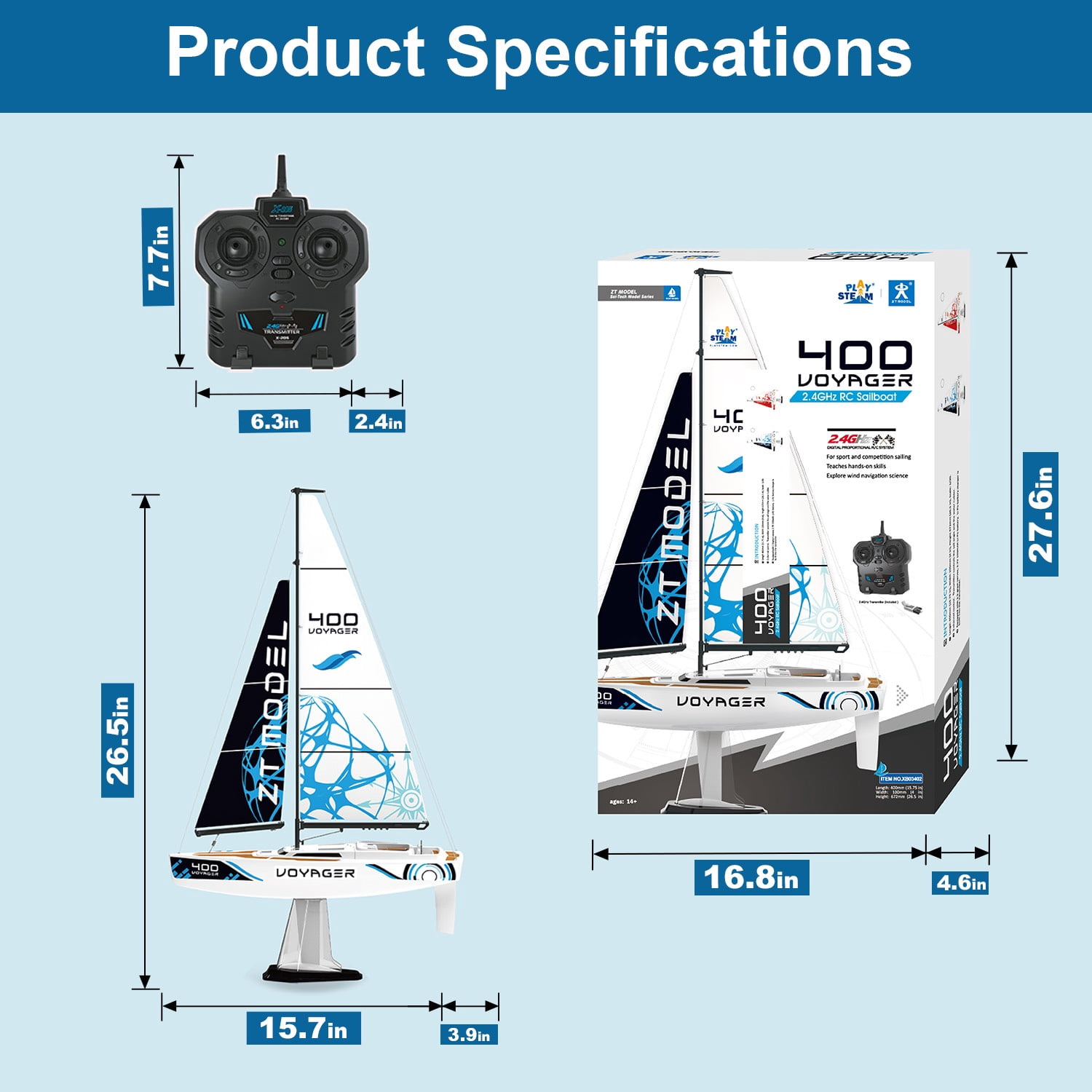 PLAYSTEAM Voyager 400 2.4GHz RC Sailboat, Wind-Powered Remote Control Model Boat, STEM Educational Water Toy with Adjustable Sail & Rudder for Pool & Lake, Blue