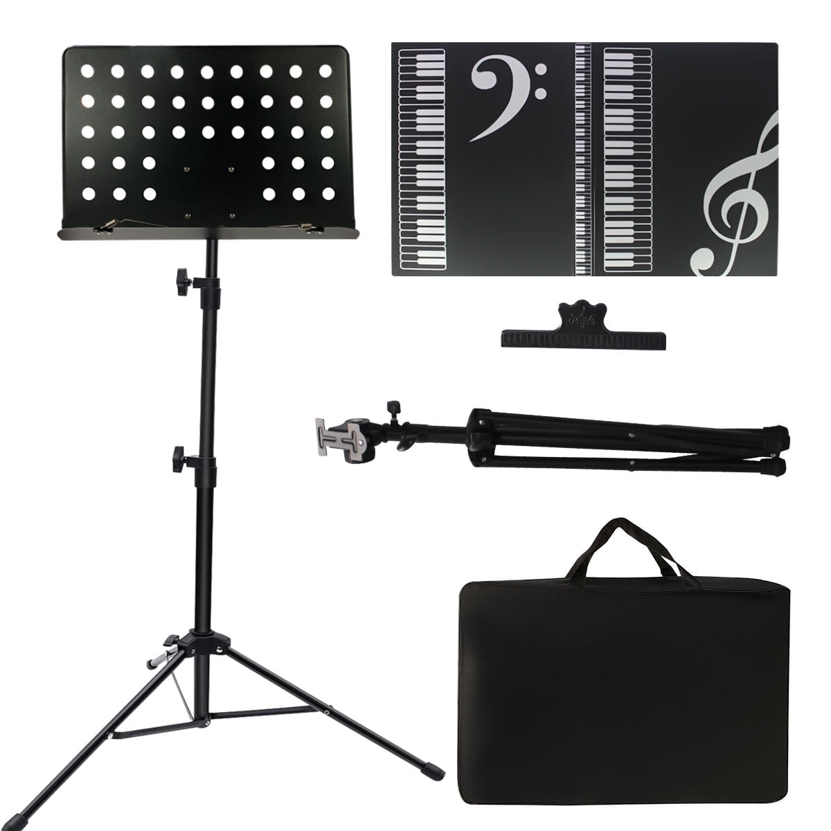Music Stand Sheet Music Stand Folding Metal Portable Adjustable Stand for Sheet Music with Carrying Bag Music Folder and Clip Design2