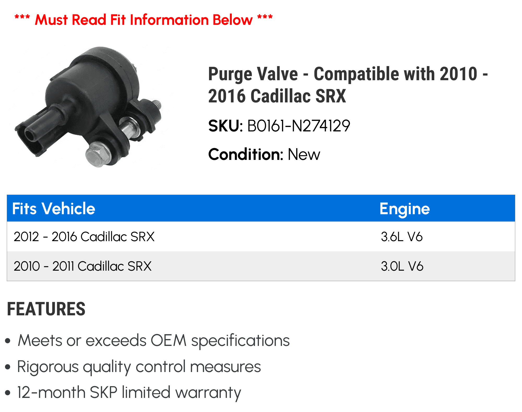 Purge Valve - Compatible with 2010 - 2016 Cadillac SRX 2011 2012 2013 2014 2015