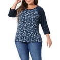 thumbnail image 4 of Agnes Orinda Women's Plus Size Blouse Round Floral Contrast Color Neck 3/4 Raglan Sleeve Casual Peasant Tops 2X Dark Blue, 4 of 6