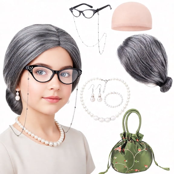 sixwipe 7 Pcs Old Lady Costumes, Complete 100th Day of School Outfit with Cute Embroidered Handbag, Gray Wig, Glasses, Earrings and Necklace Set for School Dress Up Party