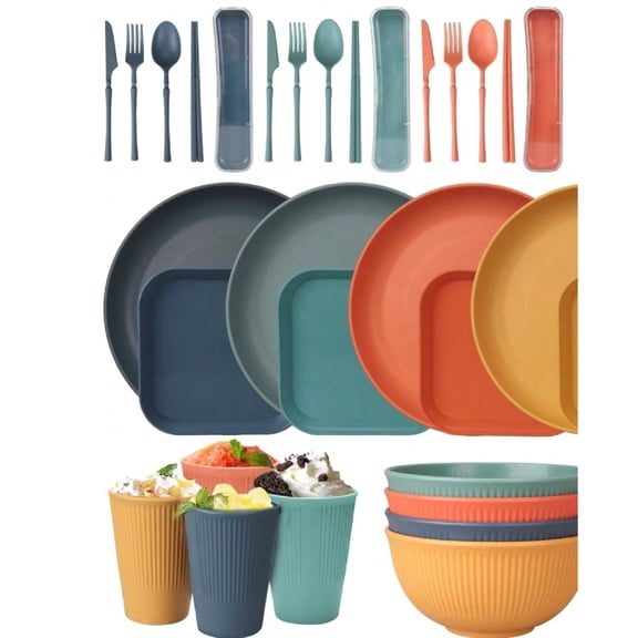 52 Pcs Dinnerware Sets, Unbreakable Plates And Bowls Sets, Reusable Dinnerware Sets For 4 People, Travel Camping Picnic Home Party Cutlery Set, Dishwasher Microwave Safe Dishe