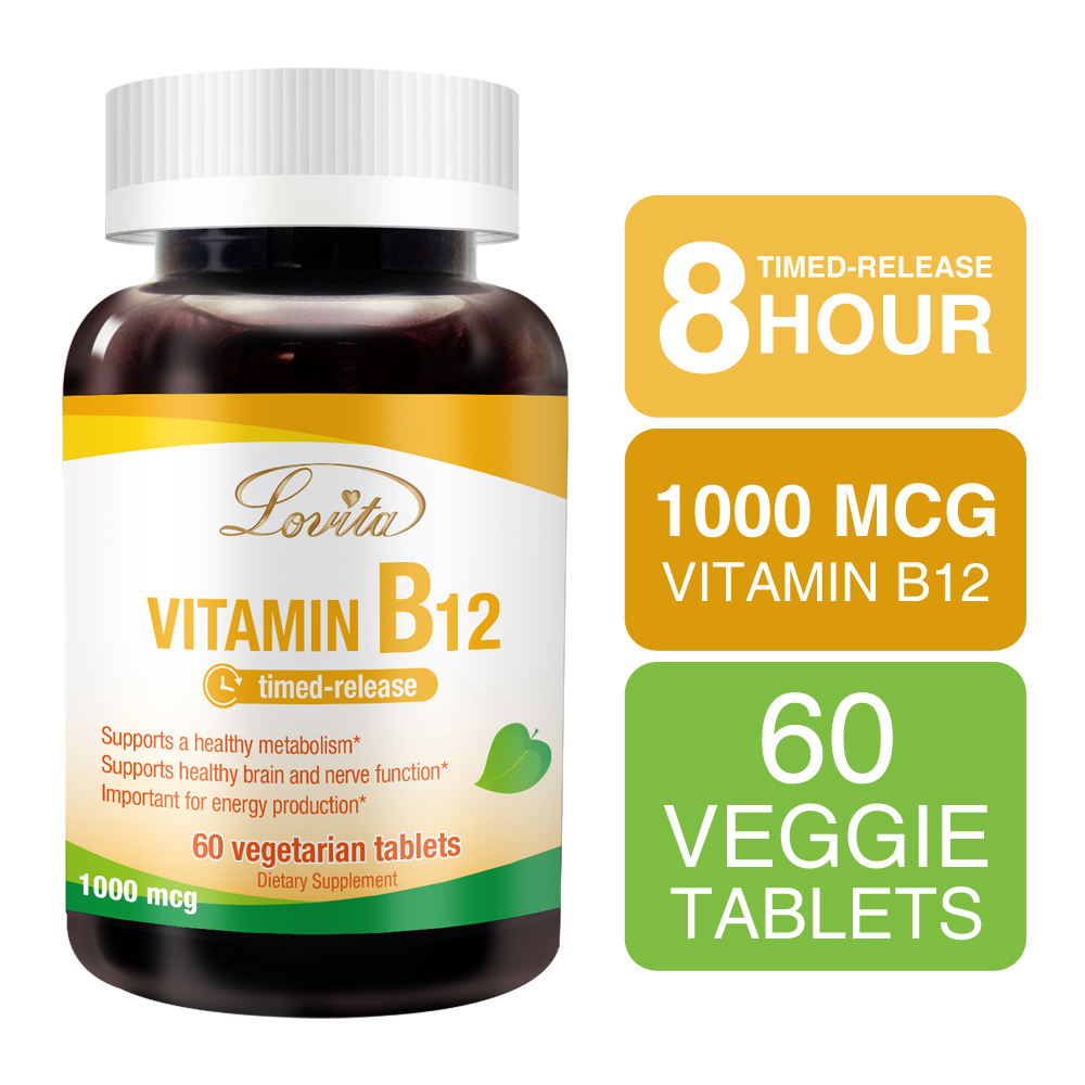 Lovita Vitamin B12 1000 mcg (B12 Vitamins as Cyanocobalamin), Timed Release B12, Vegan-Friendly, Supports Nervous System, 60 Vegetarian Tablets (Pack of 3)