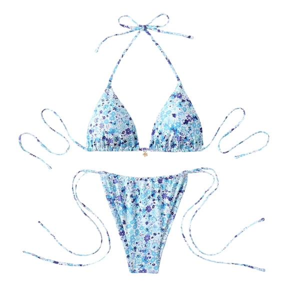 Qingpeng Womens Two Piece Bikini Swimsuits Triangle Halter Tie Back Low Rise Tie Side Floral Bows Bathing Suit