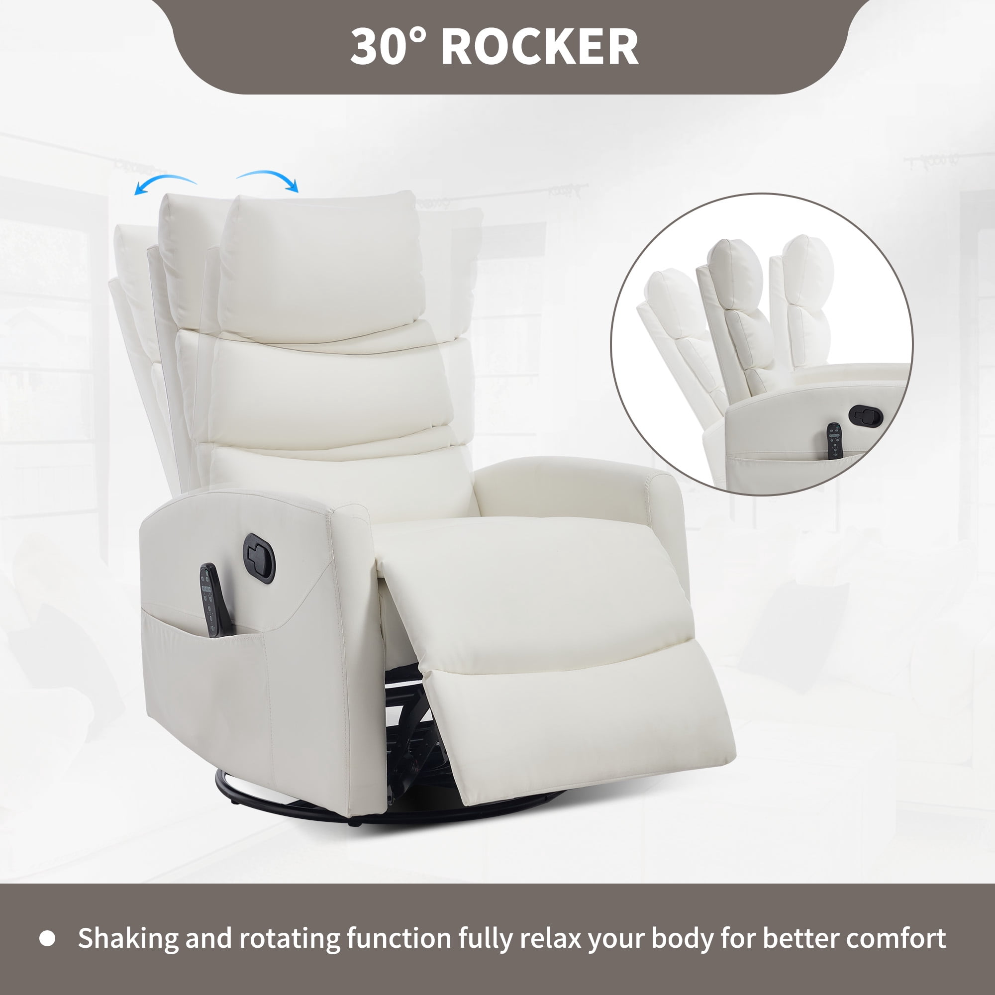 Aukfa 360° Swivel Recliner Rocking Chair with Massage and Heat for Living Room & Nursery, Leather, White