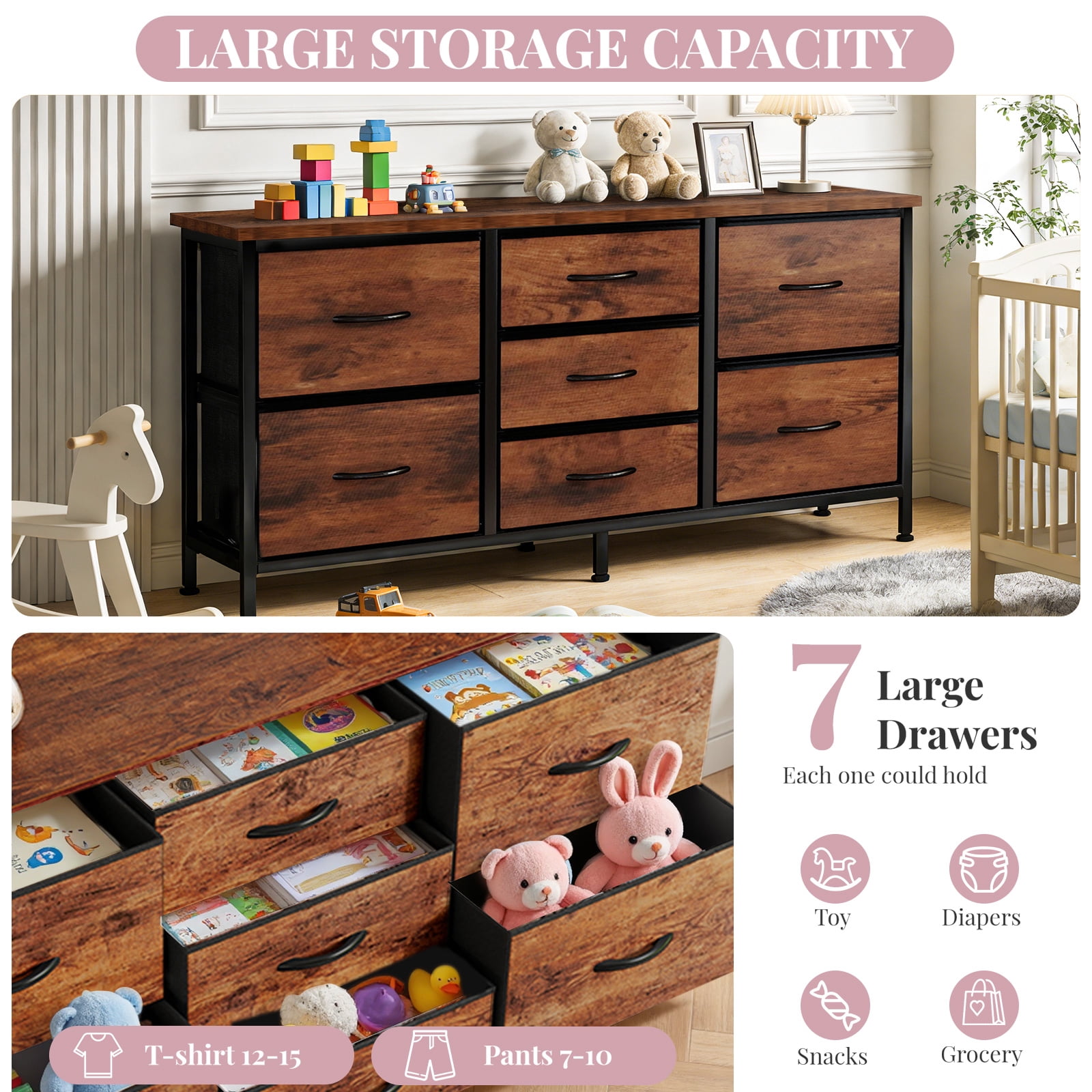 Dresser, Betcozy Storage Organizer with 7 Drawers for Bedroom, Chest of Drawers with Fabric Bins, Sturdy Metal Frame, Wood Tabletop for Guest Room, Closet, Entryway, Nursery, Rust