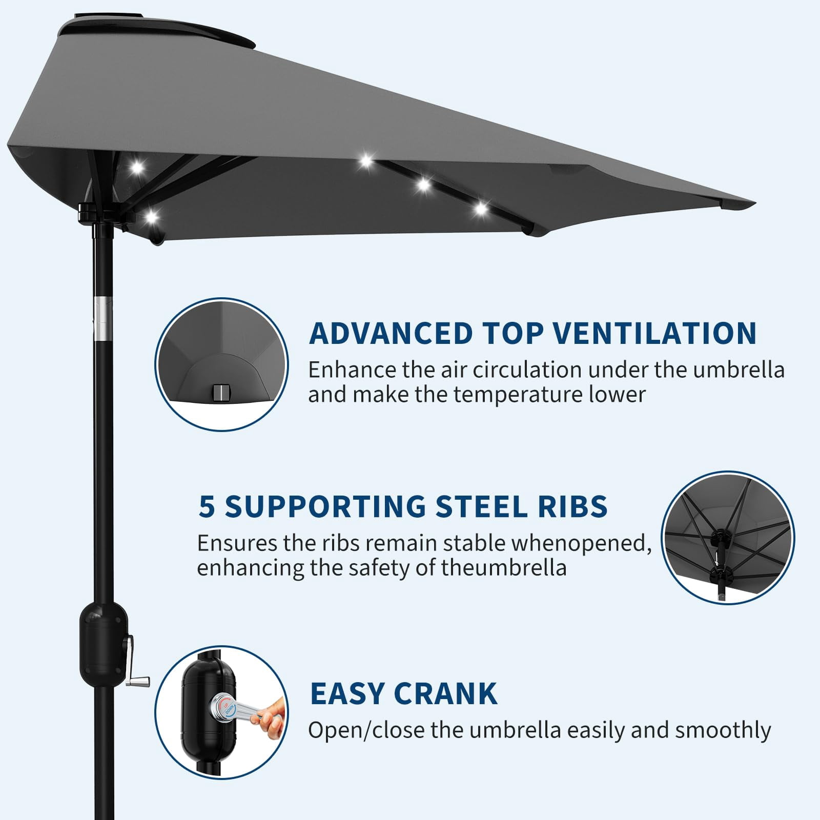 Senfot 9FT Half Patio Umbrella with Solar LED Lights, Smooth Crank Lift Outdoor Shade Canopy, UV Resistant for Patio Backyard Deck, Gray