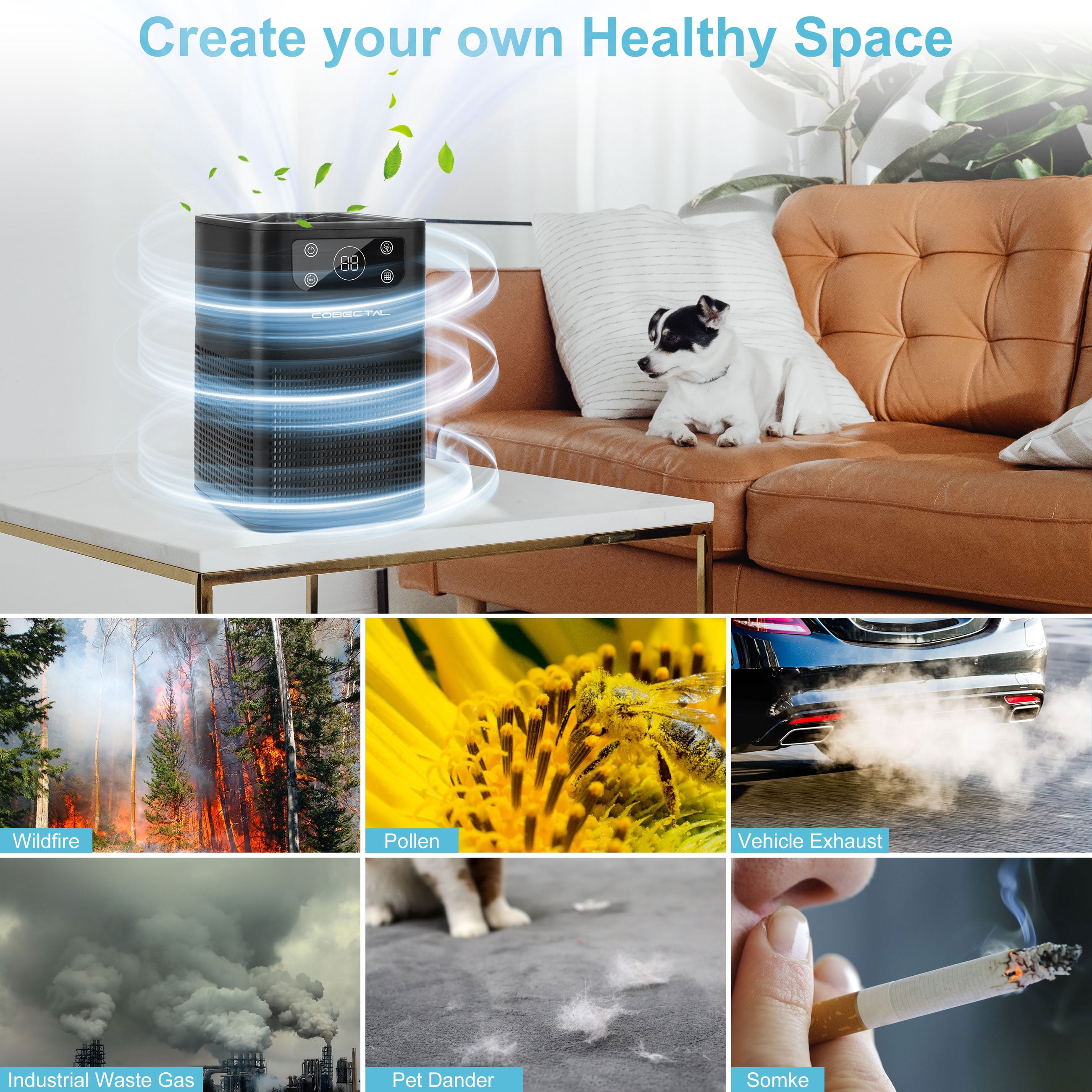 Cobectal Air Purifier for Home, H13 HEPA Air Filter, Removes Pet Dander and Odor, Black, ZQA-3000A