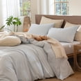 thumbnail image 2 of MooMee Striped Duvet Cover Set Twin 100% Washed Cotton Linen Like Textured Breathable 2-Piece (Cornflower Blue& White Pinstripes, 68"x90"), 2 of 7