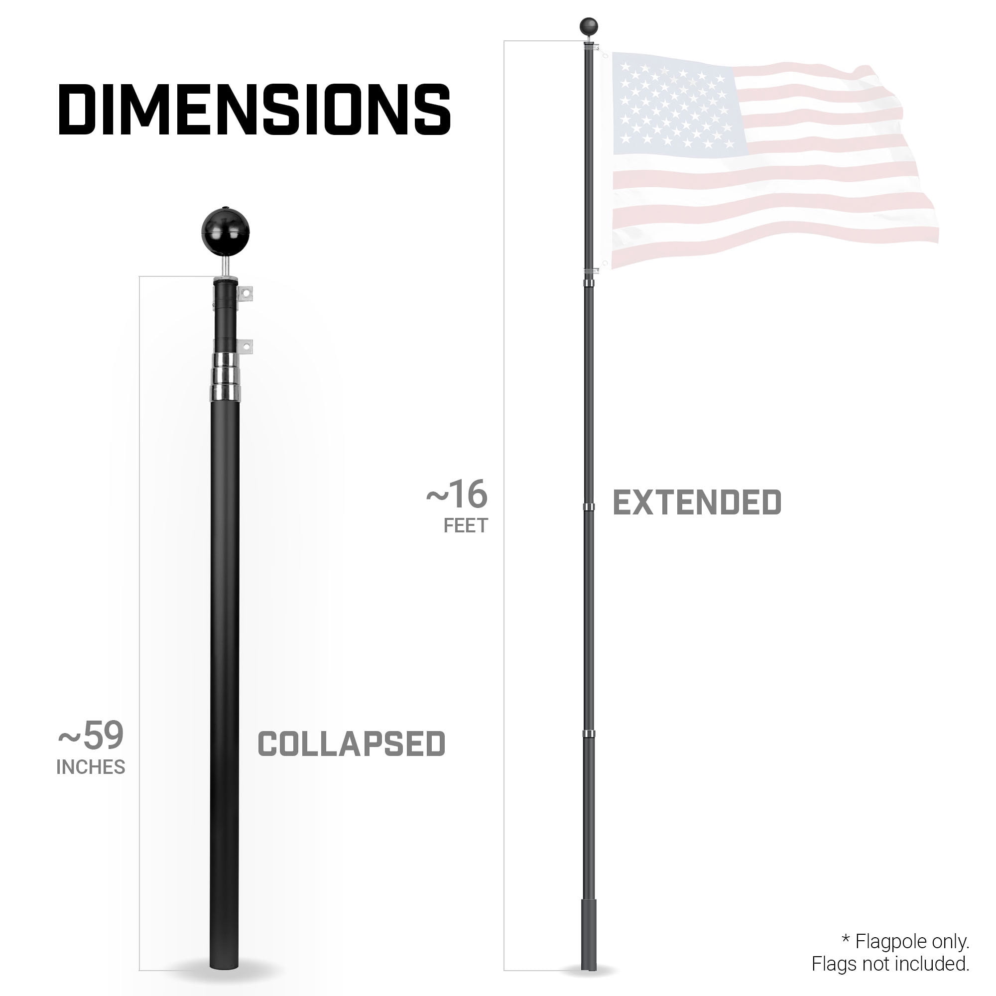 G128-16 Ft Telescoping Flag Pole Aluminum Black | Flag Poles for Outdoor/Ground Heavy Duty | Flag EXCLUDED