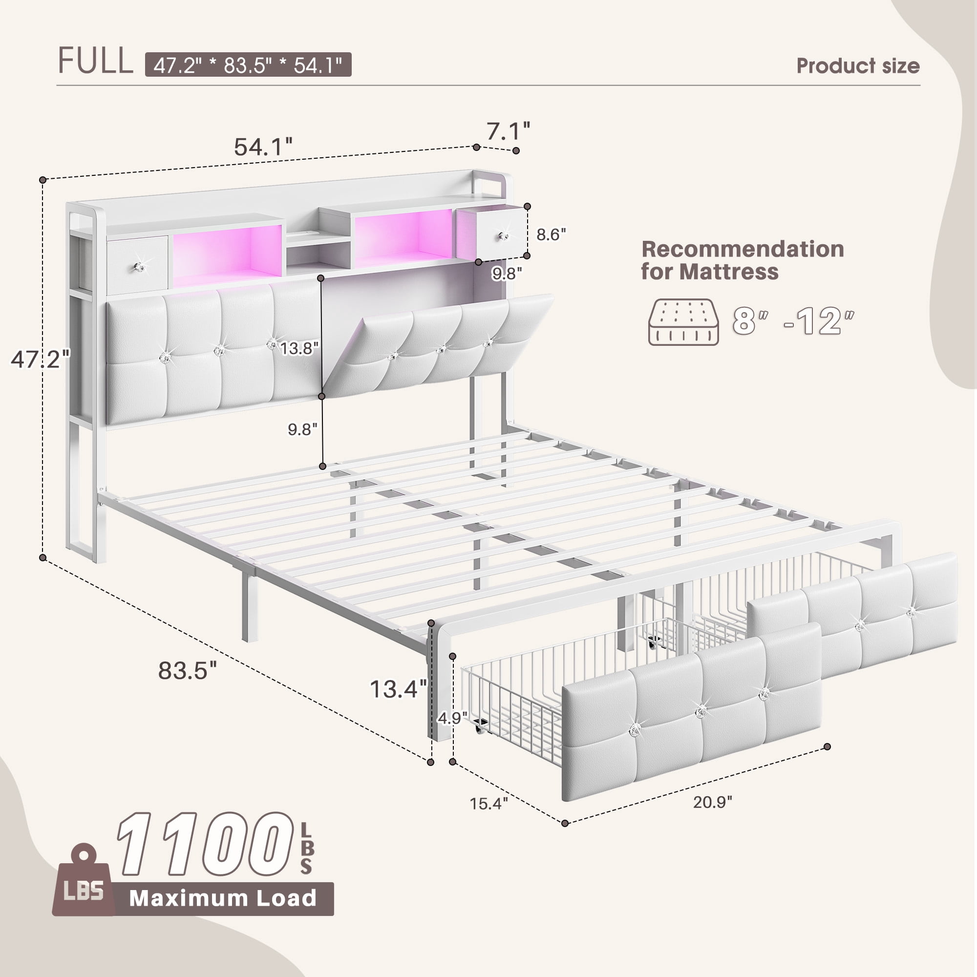 EnHomee Full Size Bed Frame with Headboard Bed Frame with Hidden Storage Compartment Upholstered Bed Frame with 2 Drawers & Outlets,White