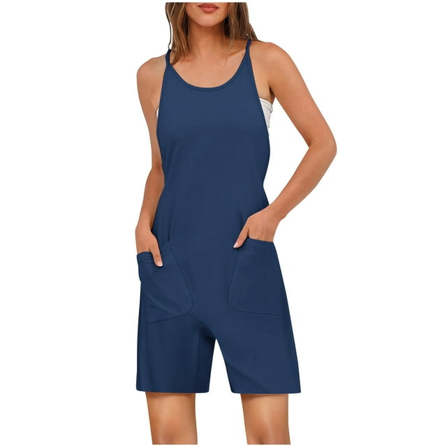 UAMVSH Jumpsuits for Women Casual Sleeveless Crew Neck Pockets Jumpers Clothes Spaghetti Strap Back Drawstring Short Rompers