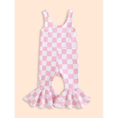 

Ma&Baby Toddler Baby Girls Strap Jumpsuit Sleeveless Checkerboard Print Romper One-Piece Bell-Bottoms