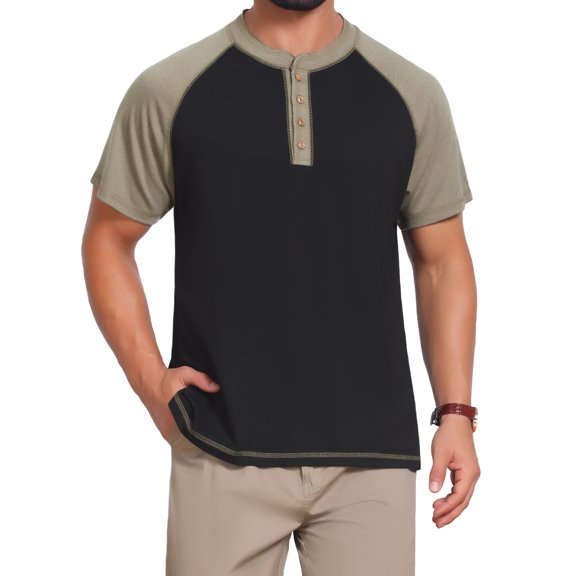 DARING DIVA Men's Raglan Henley Retro Short Sleeve Button Down T-Shirt M Black