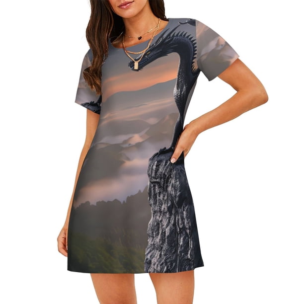 Fotbe Black Dragon Cliff Dawn Bata de Dormir para Mujer con Estampado, Camisón de Algodón de Manga Corta, Ropa de Dormir Casual
