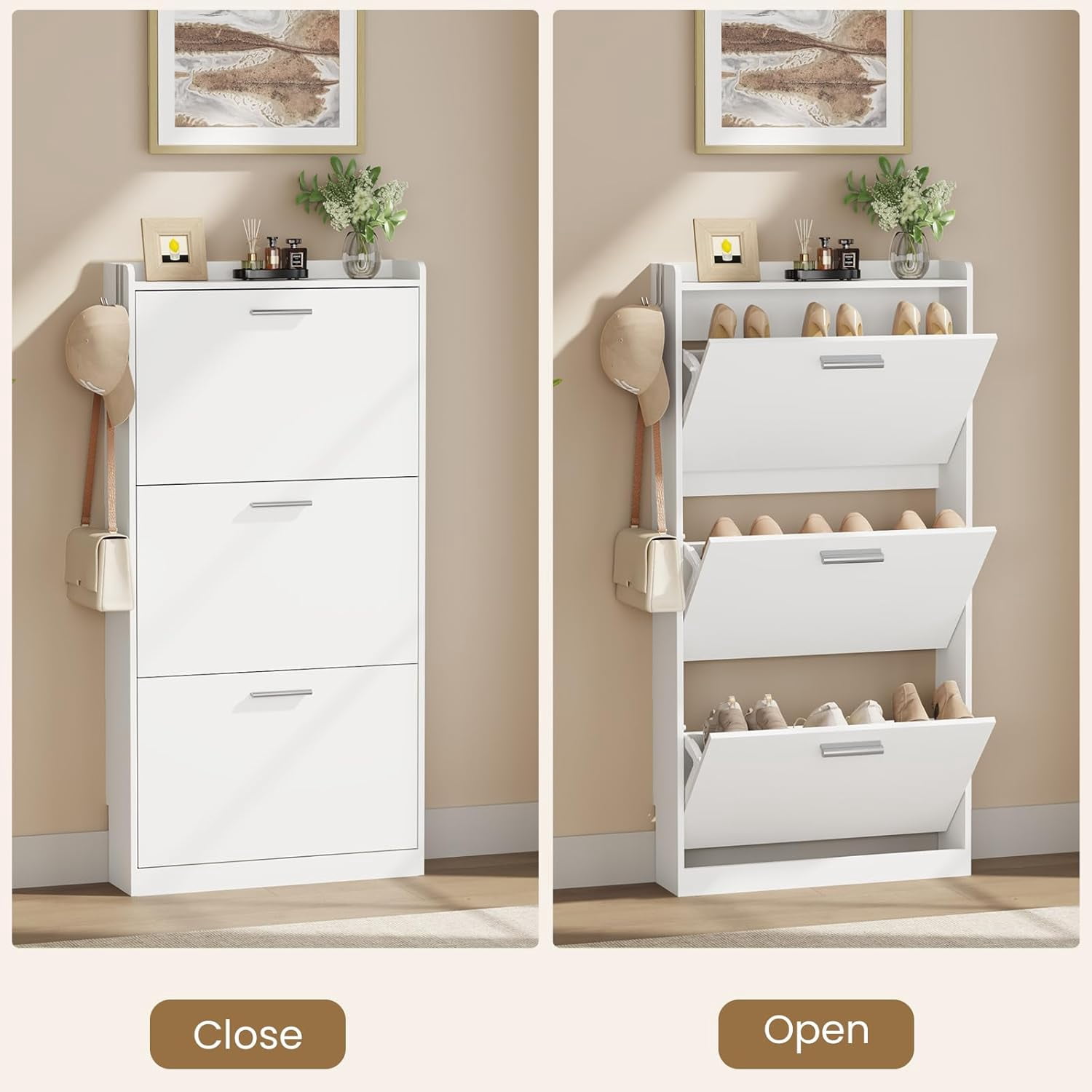 Shoe Cabinet Organizer with 3 Flip Drawers，Freestanding Shoe Rack Cabinet，Narrow Shoe Cabinet Storage for entryway，Foyer, Hallway, White, 23.6" W × 6.3" D × 47.2" H