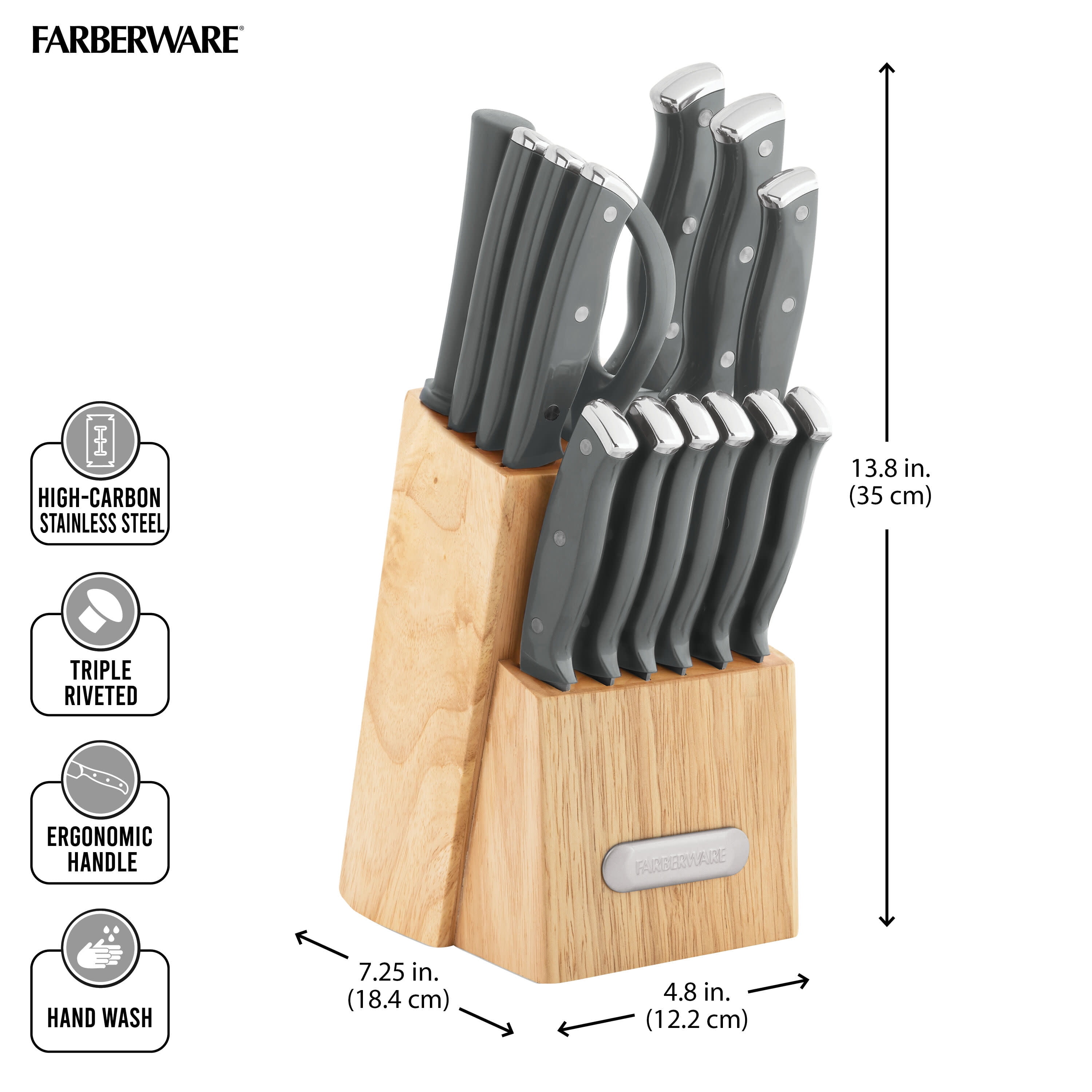 Farberware Triple Riveted Knife Block Set, 15-Piece, White and Gold