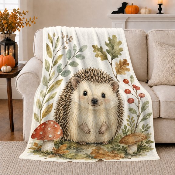 Adorable Hedgehog Autumn Woods, Festive Holiday Scene, Warm Flannel Blanket for Living Room and Reading Nook with Detailed Artwork, Art Lovers Christmas Gift, Festive Home Decor
