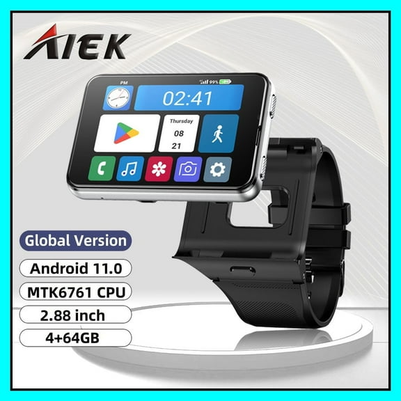 AIEK S999 Plus 4G Smart Watch SMTK6761 Android 11.0 OS 2.88" Screen 2MP/8MP Dual Camera 4GB RAM 64GB ROM 2300mAh BT GPS WiFi Phone Call Men Smartwatch Women Clock