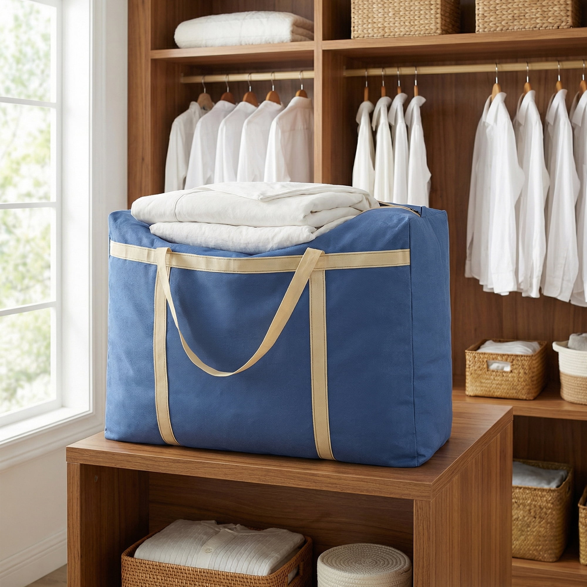 Unique Bargains Foldable Storage Bags for Organizing Clothing Blue 22.8"x9.8"x15.7"