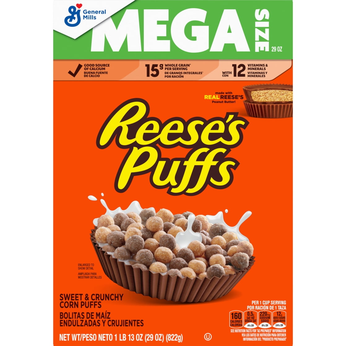 (10 pack) REESE'S PUFFS Mega Size Breakfast Cereal, Chocolatey Peanut Butter, 29 oz - Crunchy Corn Puffs