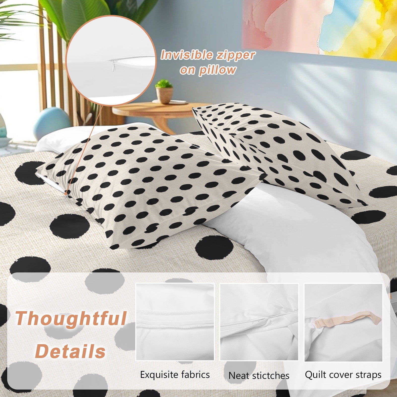 Black White Polka Dots California King Duvet Cover Set, Cute Solid Color Linen 4 Piece Microfiber Bedding Set with Zipper Closure, Bed Sheet and 2 Pillow Shams, Soft Bedding Cover