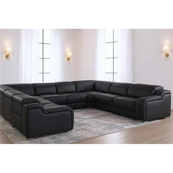 HomeRoots 632576 Black Italian Leather Power Reclining U Shaped 8 Piece Corner Sectional with Console