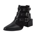 thumbnail image 1 of Ladies Chunky Heel Colorblock Belt Buckle Back Zipper Mid Heel Motorcycle Boots, 1 of 9