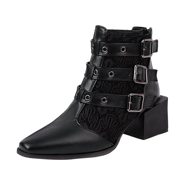 Ladies Chunky Heel Colorblock Belt Buckle Back Zipper Mid Heel Motorcycle Boots