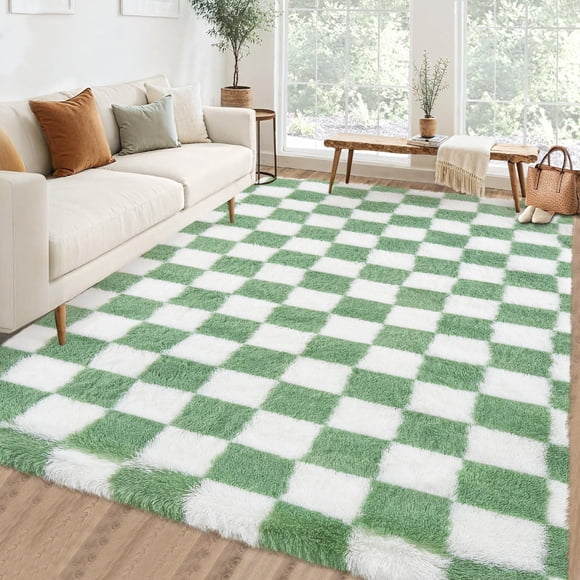 Tapis à Carreaux 10x13 Grand Tapis Épais Ultra Doux Tapis Shaggy Moelleux Peluche Shag Tapis Lavable pour Salon Chambre de Bébé Chambre Confortable Salle de Jeux Déco Chambre Ado, Vert et Blanc