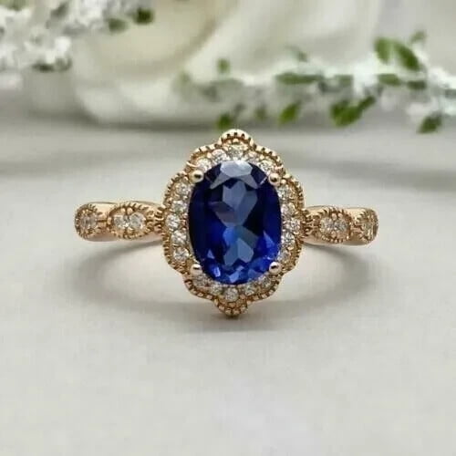 DazzlingdaimondsJewels 2.14 Ct Oval Cut Sapphire & Diamond Wedding Engagement Halo Ring 14K Yellow Gold Plated 925 Sterling Silver For Women's -7