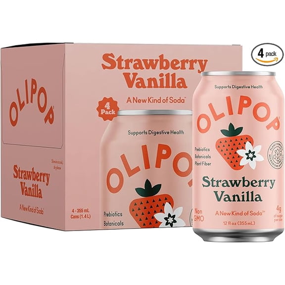 (1 pack) OLIPOP Prebiotic Soda Pop, Strawberry Vanilla, Prebiotics, Botanicals, Plant Fiber, 12 fl oz (4 Cans)