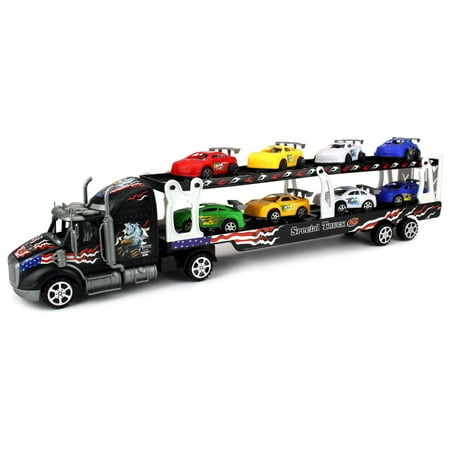 Velocity Racing - Motorsports Race Car Trailer 1:32 Children's Kid's Friction Toy Truck Ready To Run w/ 8 Toy Cars, No Batteries Required (Colors May Vary)