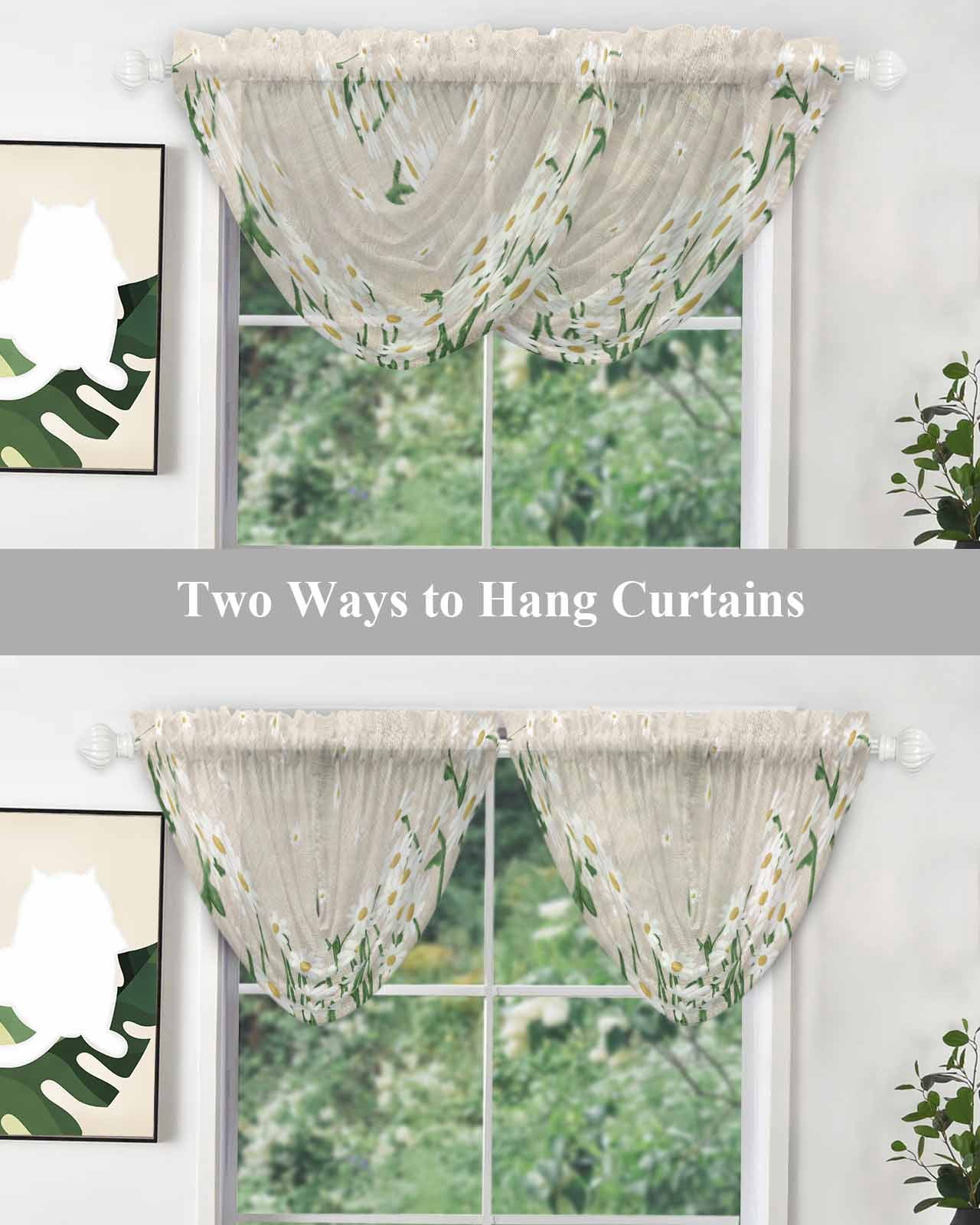 Waterfall Valances for Windows, Spring Floral Kitchen Sheer Valance Curtains, White Daisy Farmhouse Linen Texture Rod Pocket Elegant Swag Valances for Living Room Bedroom, 47.2"x38.5", 2 Panel