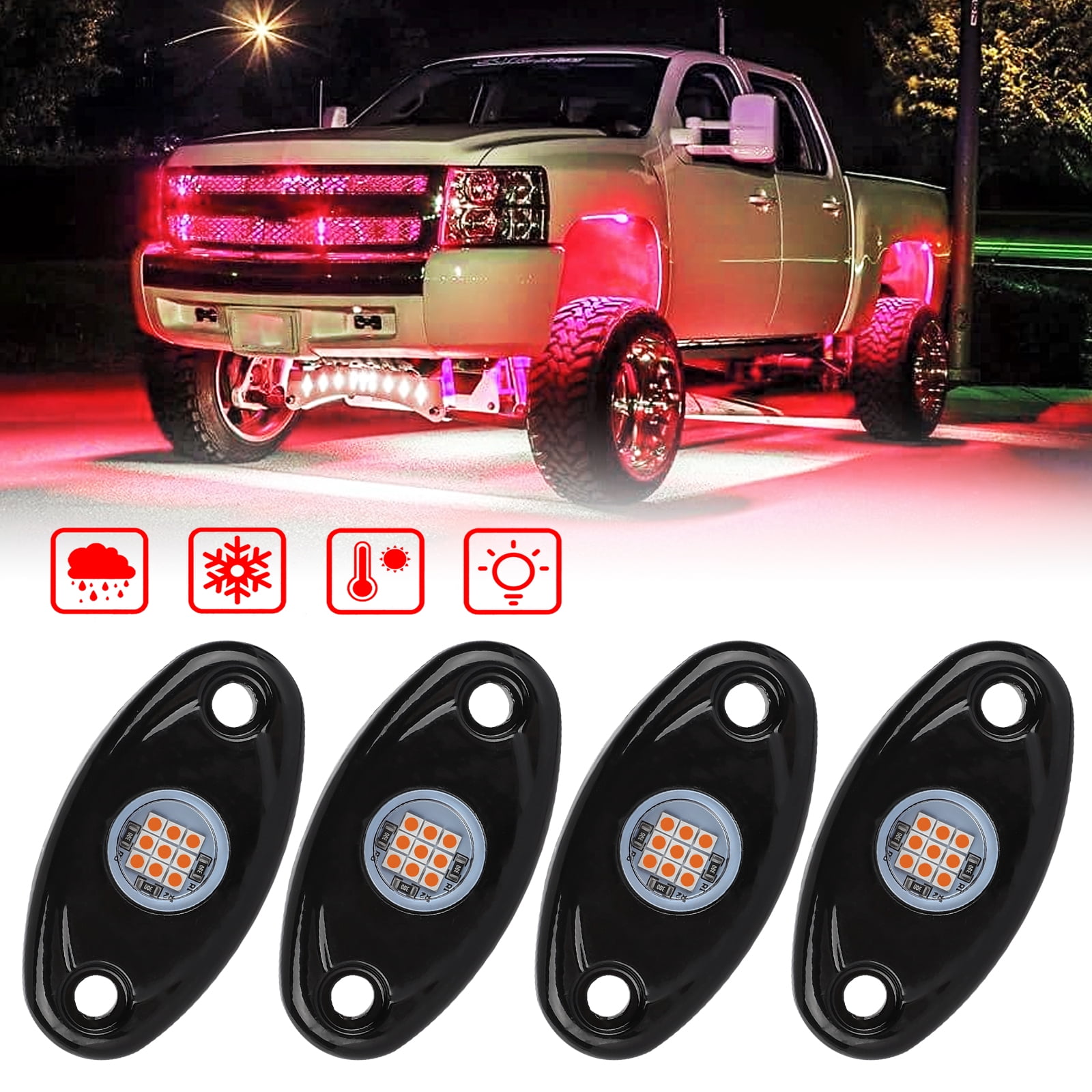 4 Pods LED Rock Light Kit for Jeep ATV SUV Offroad Car Truck Boat Underbody Glow Trail Rig Lamp Underglow LED Neon Lights Waterproof 12V 24V White 