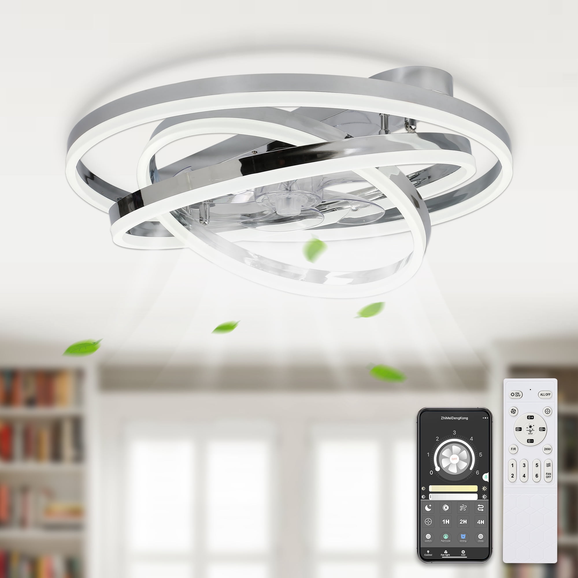 24Inch Silver Indoor Reversible Ceiling Fan with Dimmable LED Light, 6-Speed DIY Shade with Remote and APP Control