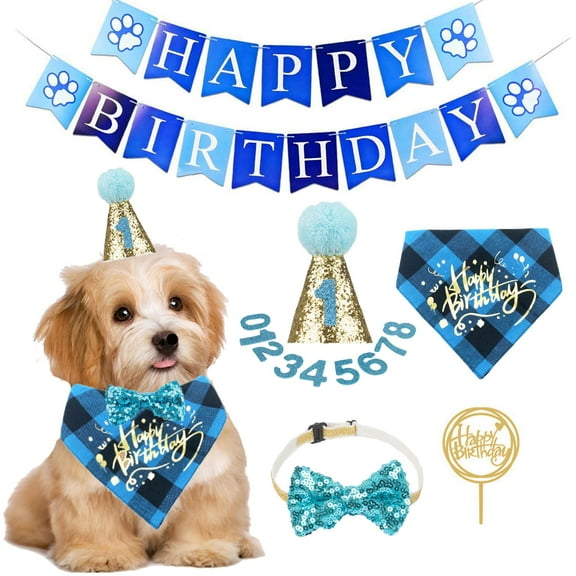 Dog Birthday Boy Bandana, Puppy 1st Birthday Party Supplies, Pet Party Hat Scarf Bowtie Banner Set for Small Medium Dogs (Small&Medium)