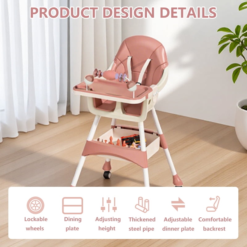 Wintline Portable High Chair,High Chairs for Babies and Toddlers,Multi-Use Easy Clean Baby High Chair with Lock Wheels, Comfortable Feeding and Place The Toy Storage Basket,Pink