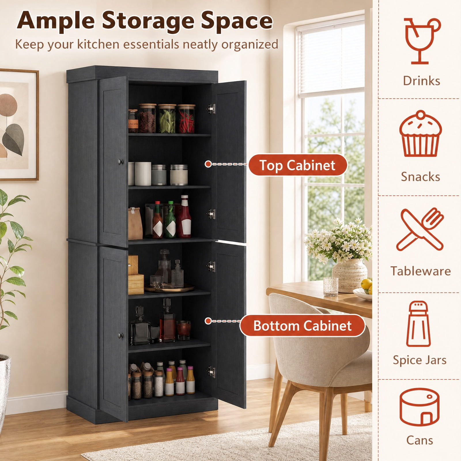 Furnibear 72.5 Inch Tall Kitchen Pantry Cabinet with 2 Adjustable Shelves Enclosed Doors and Anti Tipping Kits for Kitchen and Dining Room, Black