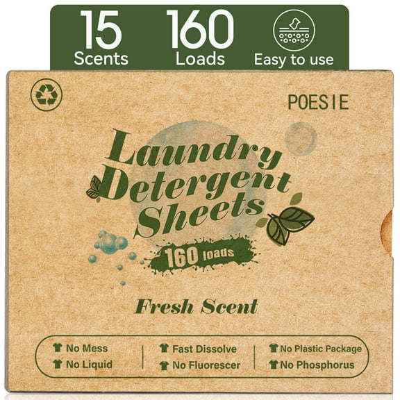 Poesie Laundry Detergent Sheets, Fresh Scent, No Waste, 160 Count, 1 Pack