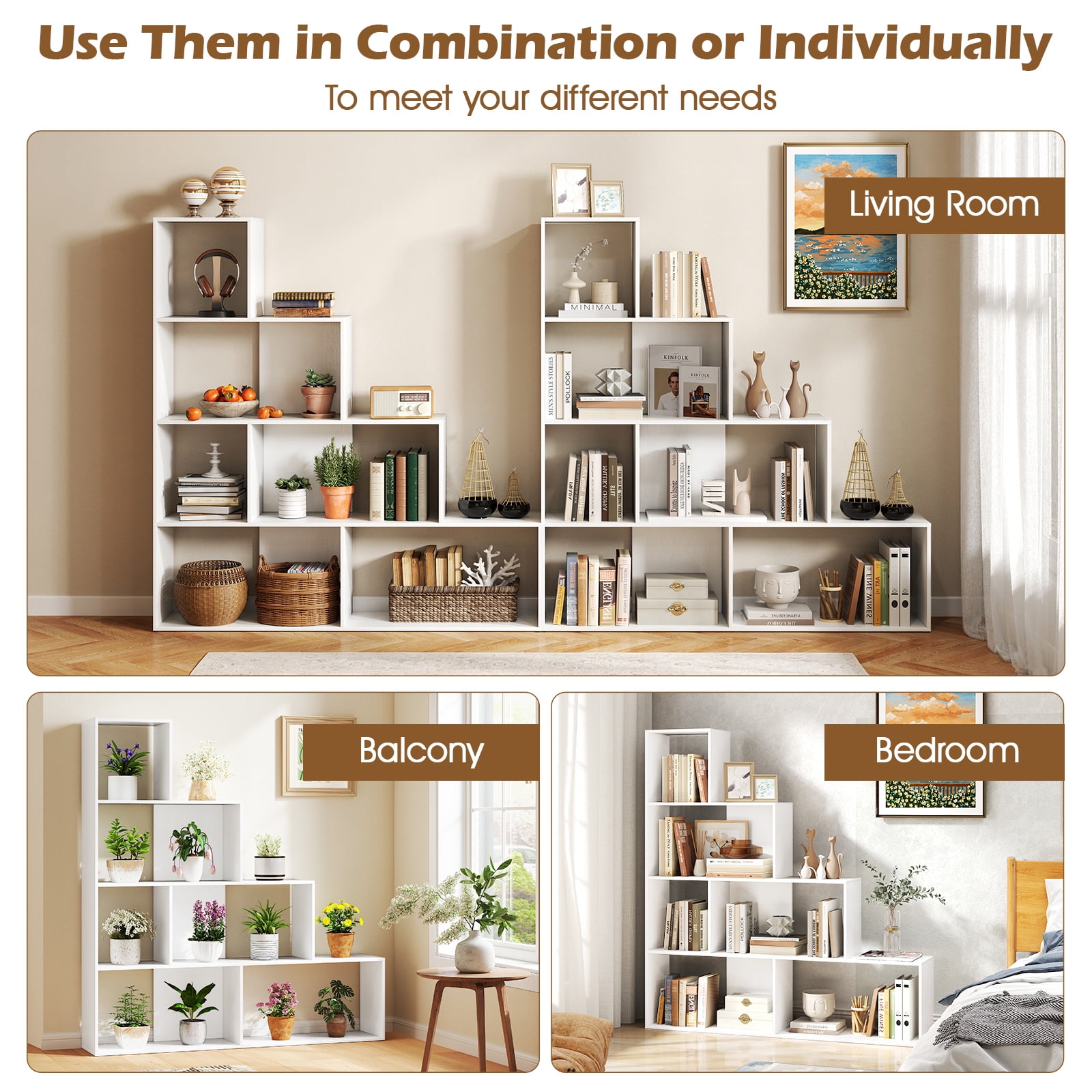 Giantex 4-Tier Stepped Bookshelf, Freestanding Ladder Storage Shelf w/ 6 Cubes, Modern Display Rack, White